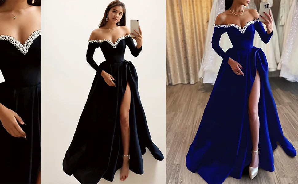 A-Line Evening Gown Black Dress Formal Masquerade Sweep Train Long Sleeve Off Shoulder Satin Pearls Slit 2025 Free Customized