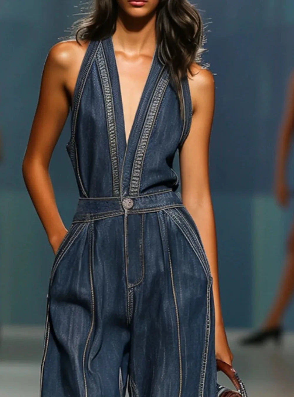 Women's Halter Neck Faux Denim Jumpsuit Sleeveless Deep V-Neck Wide Leg Denim Romper Vintage Inspired Retro Overalls |...