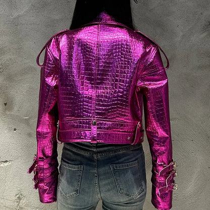 Shiny Blue Women Leather Jacket Real Lambskin Leather Cloth Streetwear Leather Jackets