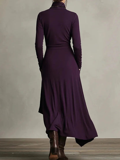 Spring Autumn Long Sleeve Solid Party Dress, Women Holiday Turtleneck Simple Irregular Dress, New Fashion Patchwork Ladies Dress