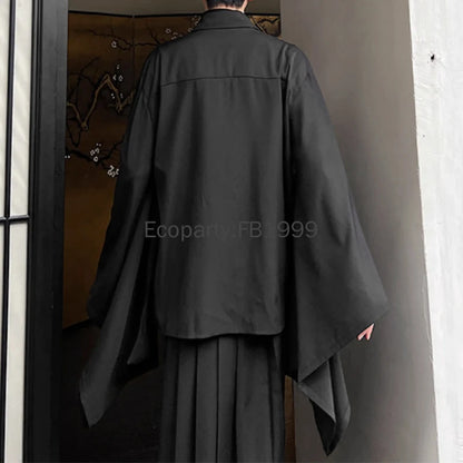 Men Chinese Style Hanfu Shirts Black Lapel Flare Long Sleeve Gothic Blouse Male Vintage Loose Leisure Shirts Harajuku Streetwear
