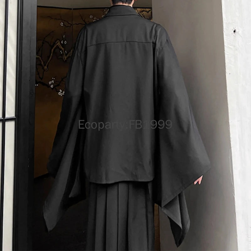 Men Chinese Style Hanfu Shirts Black Lapel Flare Long Sleeve Gothic Blouse Male Vintage Loose Leisure Shirts Harajuku Streetwear