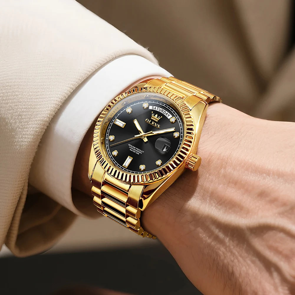 OLEVS Men's Fully Automatic Mechanical Watch Gold Stainless Steel Date Men's Night Light Waterproof Business Watch |...