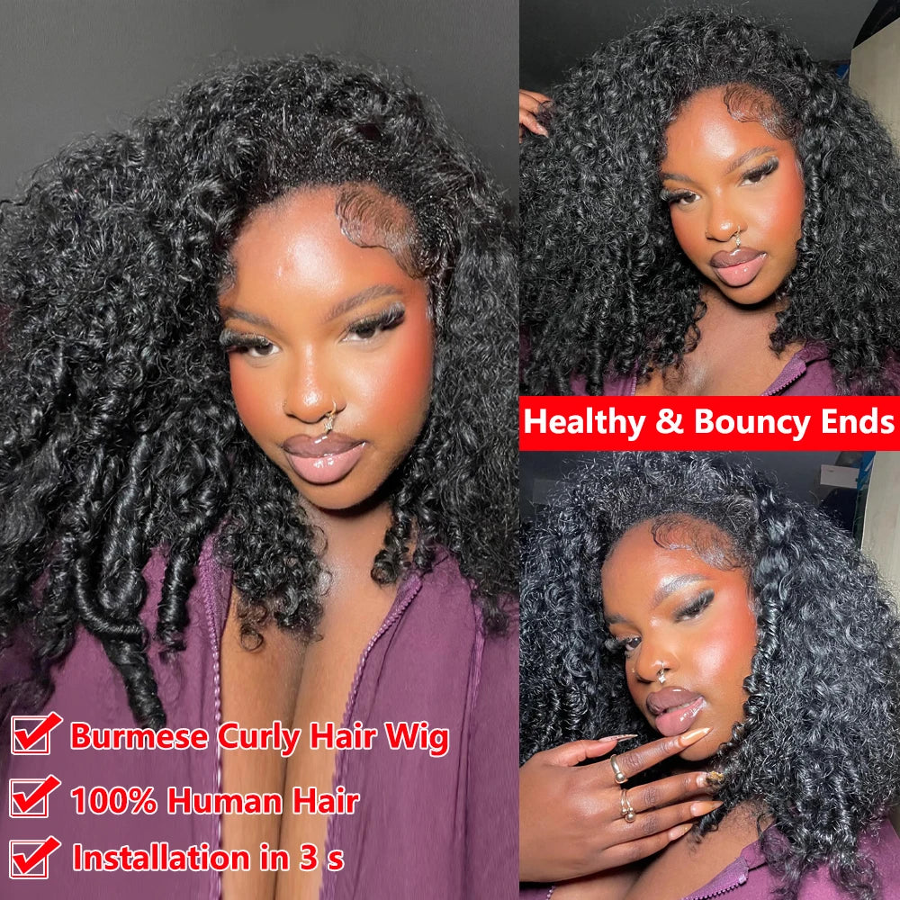 Half Wig Burmese Curly Glueless Human Hair Wigs With Drawstring Seamless Clip 250 Density Beginner Friendly Curly Wigs...