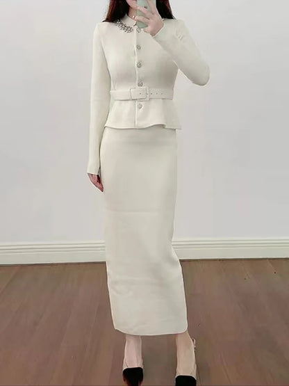 White Knit Two-Piece Style Dress with Rhinestone Button Belt Fitted Long-Length Women's Dress 2025 Fall New Arrival
