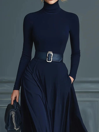 Women Elegant Turtleneck Solid With Pockets Dress Spring Autumn Fashion Slim Fit Big Swing Floor Length Evening Gown NO...