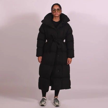 Warm Women's Puffy Quilted Hooded Long Cotton Coat Loose Solid Stand Collar Lace Up Zipper Overcoats 2025 Winter Lady Outwear