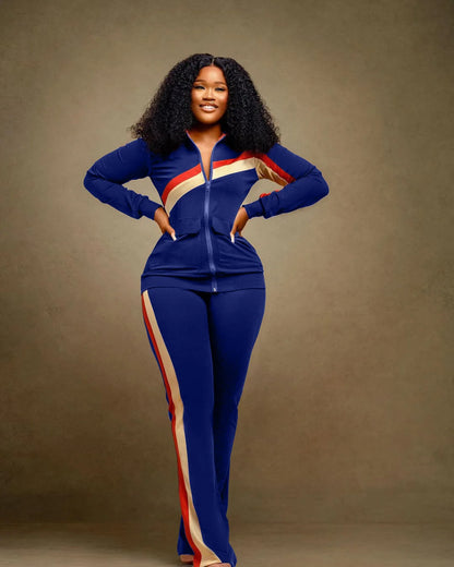 Custom LOGO Spring  Women's Sports Casual Fashion Color-matching Pocket Lapel Zipper Top Straight Pants Two-piece Set S-4XL