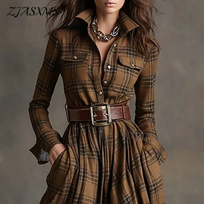 Fall Retro Plaid Print Swing Long Dresses Woman Sexy Single Breasted Lapel Shirt Dress Casual Long Sleeve Pocket Slit Maxi Dress