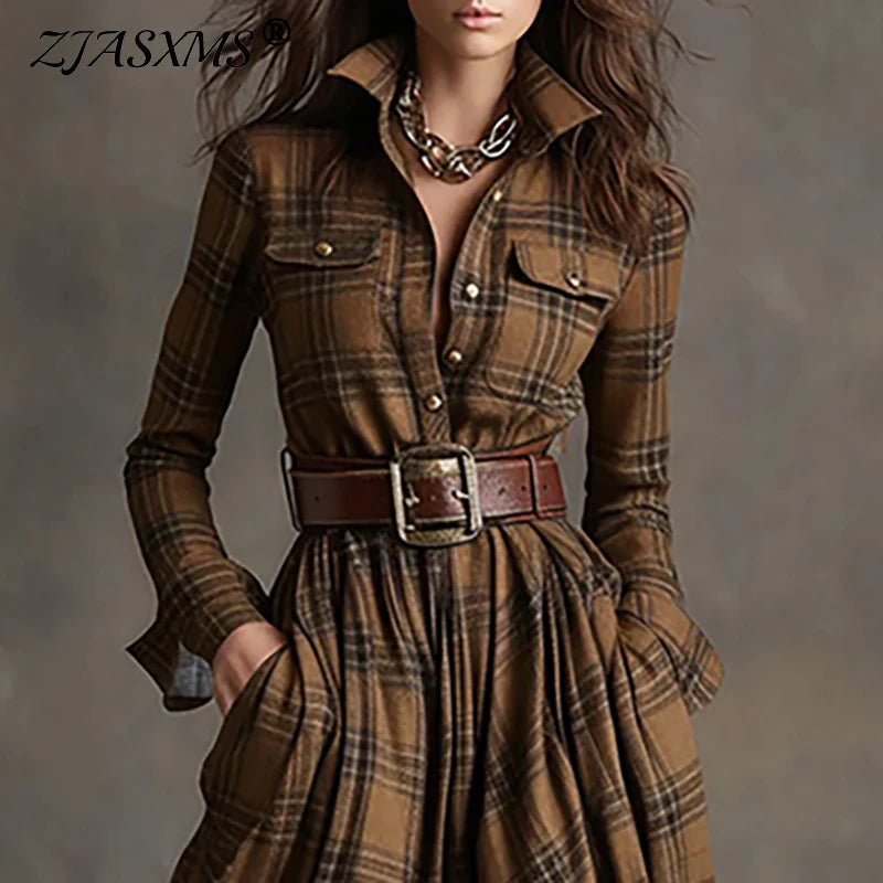 Fall Retro Plaid Print Swing Long Dresses Woman Sexy Single Breasted Lapel Shirt Dress Casual Long Sleeve Pocket Slit Maxi Dress