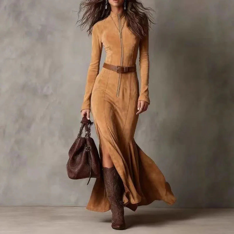 Autumn Long Sleeve Slim Bodycon Dress Woman Vintage Solid Zipper Mermaid Long Evening Dress Elegant O Neck Side Split Maxi Dress