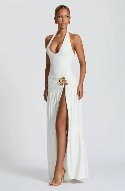 Mozision Elegant Backless Sexy Maxi Dress Set Women Halter Bodysuit And Maxi Skirt Matching Set Female Ruched Split Dress Sets