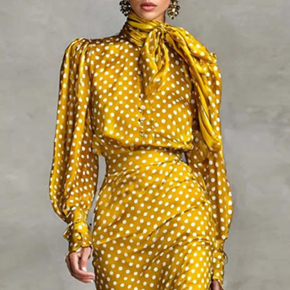 Sexy Bowknot Scarf Polka Dot Print Outfits Woman O Neck Button Blouse Shirt+Pleated Skirt Set Fall Long Sleeve Slim Bodycon Suit