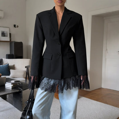 2025 Autumn and Winter New Fashion Black Small Suit Solid Jacket Design Sense Lace Splicing Commuting Long Sleeved Top Coat