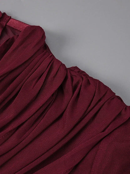 Sexy Long Sleeve O Neck Pleated Draped Long Dress Women Burgundy Mesh Patchwork Folds Slim Runway Celebrity Evening...