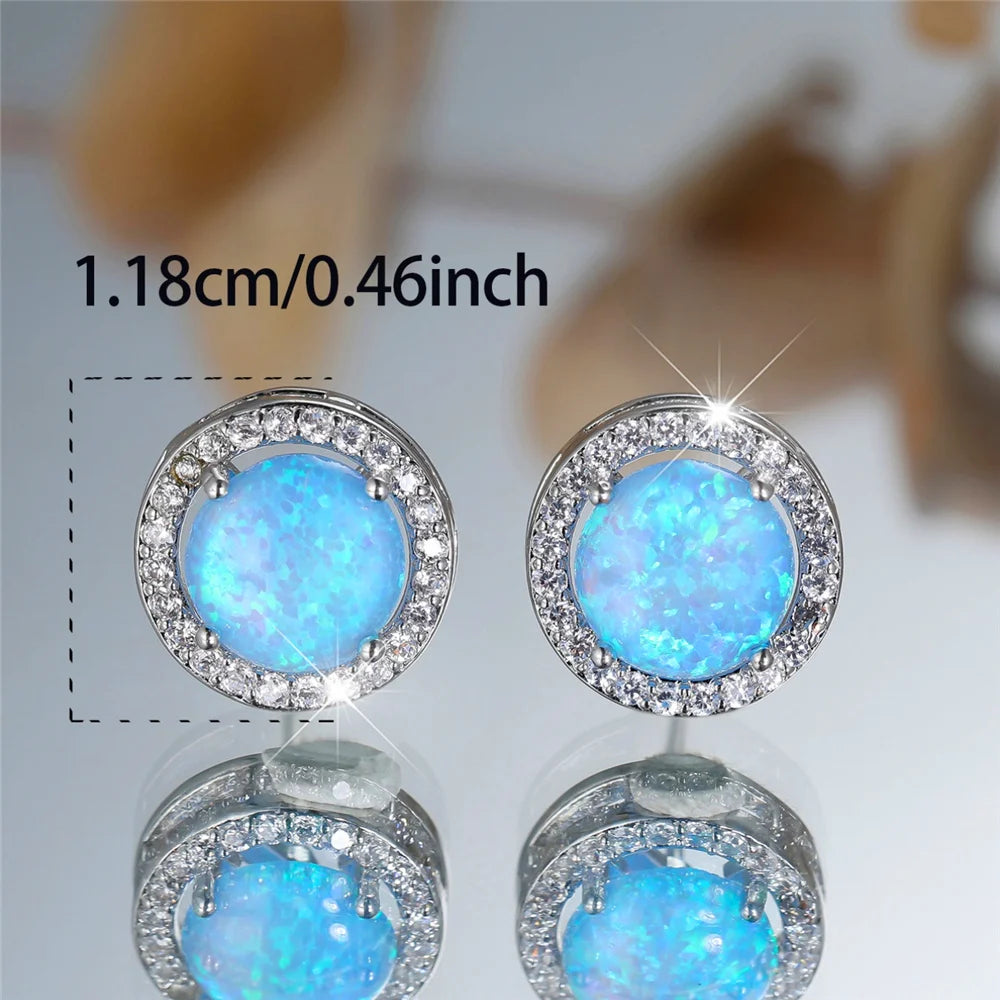 Cute Female Crystal White Blue Opal Round Stone Stud Earrings Silver Color Wedding Jewelry For Women | Kimlud Mid Range...