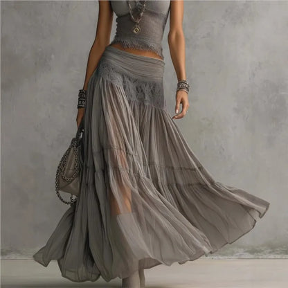 Chic Women Maxi Dress 2 Pieces Sets Solid Slim Fit Short Sleeved Top with Lace Splice Drawstring Elasticity High Waisted Skirt