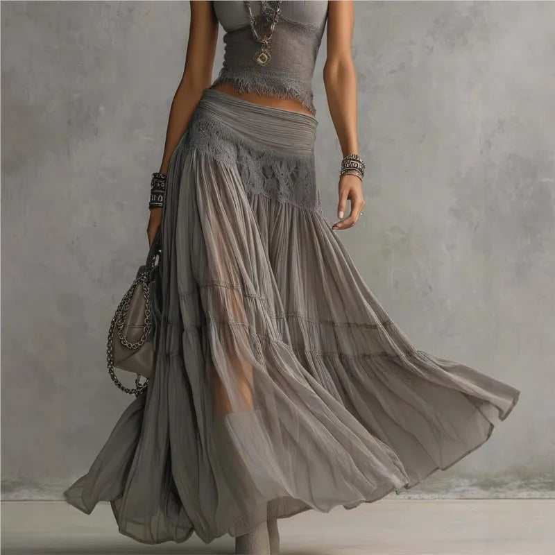Chic Women Maxi Dress 2 Pieces Sets Solid Slim Fit Short Sleeved Top with Lace Splice Drawstring Elasticity High Waisted Skirt