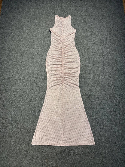 Sexy Sleeveless O Neck Diamonds Mermaid Long Dress Women Pink Fold Ruched Slim Runway Celebrity Evening Party Club Maxi...