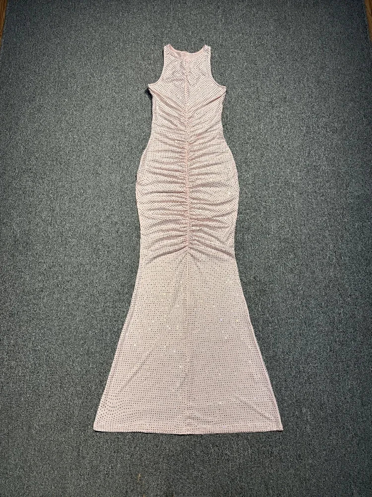 Sexy Sleeveless O Neck Diamonds Mermaid Long Dress Women Pink Fold Ruched Slim Runway Celebrity Evening Party Club Maxi...