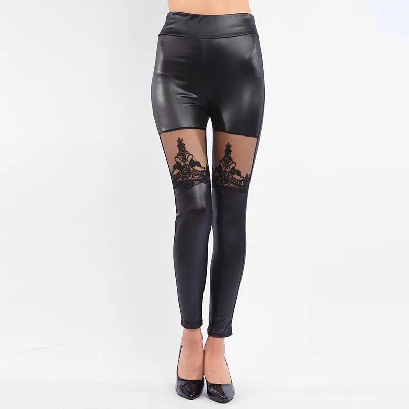 Lace Leather Patchwork Crop Pants Leggings Breathable Skin-Friendly Pure Color Women's Base Layer Pants Winter Collection - Kimlud