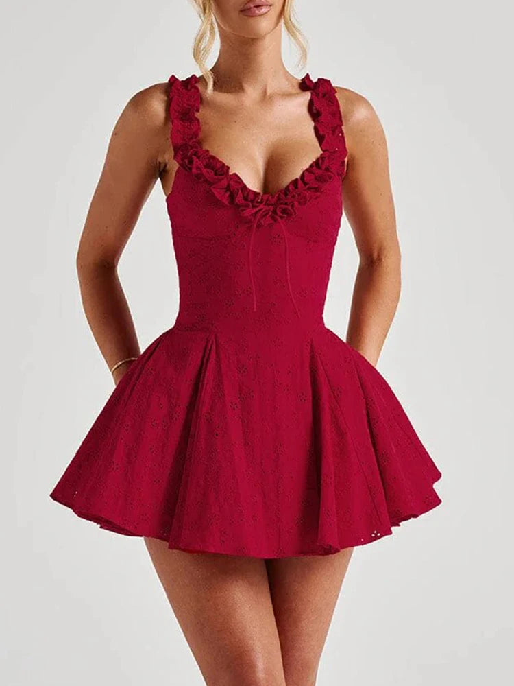 VC Trendy Red Off-Shoulder V Neck Mini Ruffled Dress with Corset Top for Festival & Event Favorite Gown