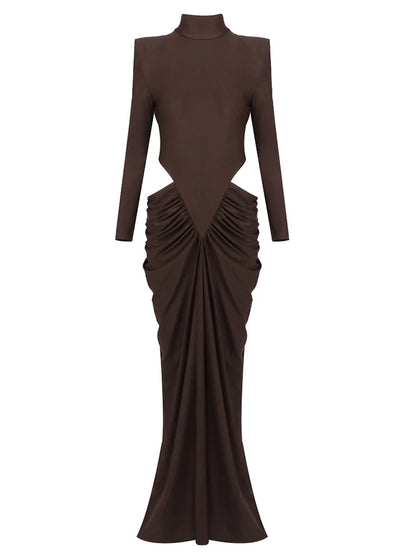 Sexy High Neck Waist Hollow Out Ruched Long Dresses for Women Long Sleeves Folds Bodycon Dress Evening Party Club Cocktail Gowns