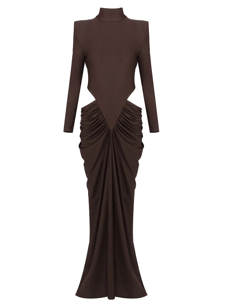 Sexy High Neck Waist Hollow Out Ruched Long Dresses for Women Long Sleeves Folds Bodycon Dress Evening Party Club Cocktail Gowns