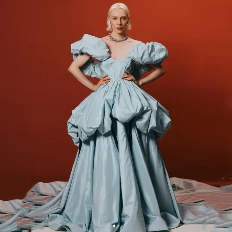 Light Blue Taffeta Prom Gowns Pleated Long Elegant Formal Dresses Off Shoulder Custom Made Layered Evening Dress with Sleeves - Kimlud