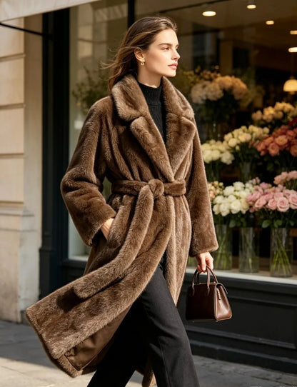 2026 Streetwear Fur Coat Women X-long Faux Mink Fur Overcoat Winter Thicken Turndown Collar Sashes Loose Outerwear Female Coats