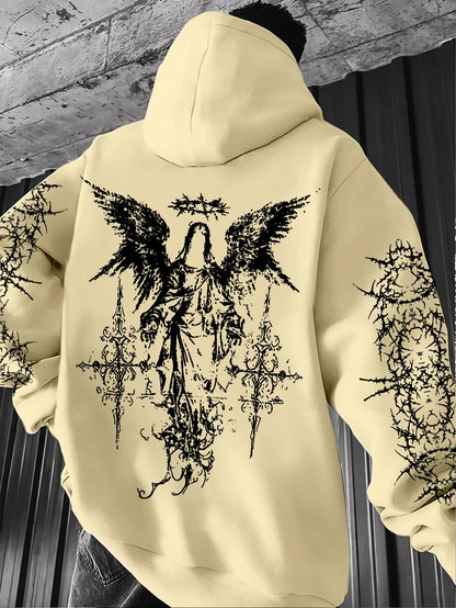 Men's Angel-themed graffiti thorn print streetwear hip-hop punk style hooded sweatshirt regular fit version sweatshirt hoodie