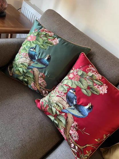 Luxurious Embroidered Silk-like 2 Magpies Square Home Sofa Decorative Pillow Case 3 Colors No Insert 18x18" 1 Piece Pack - Kimlud