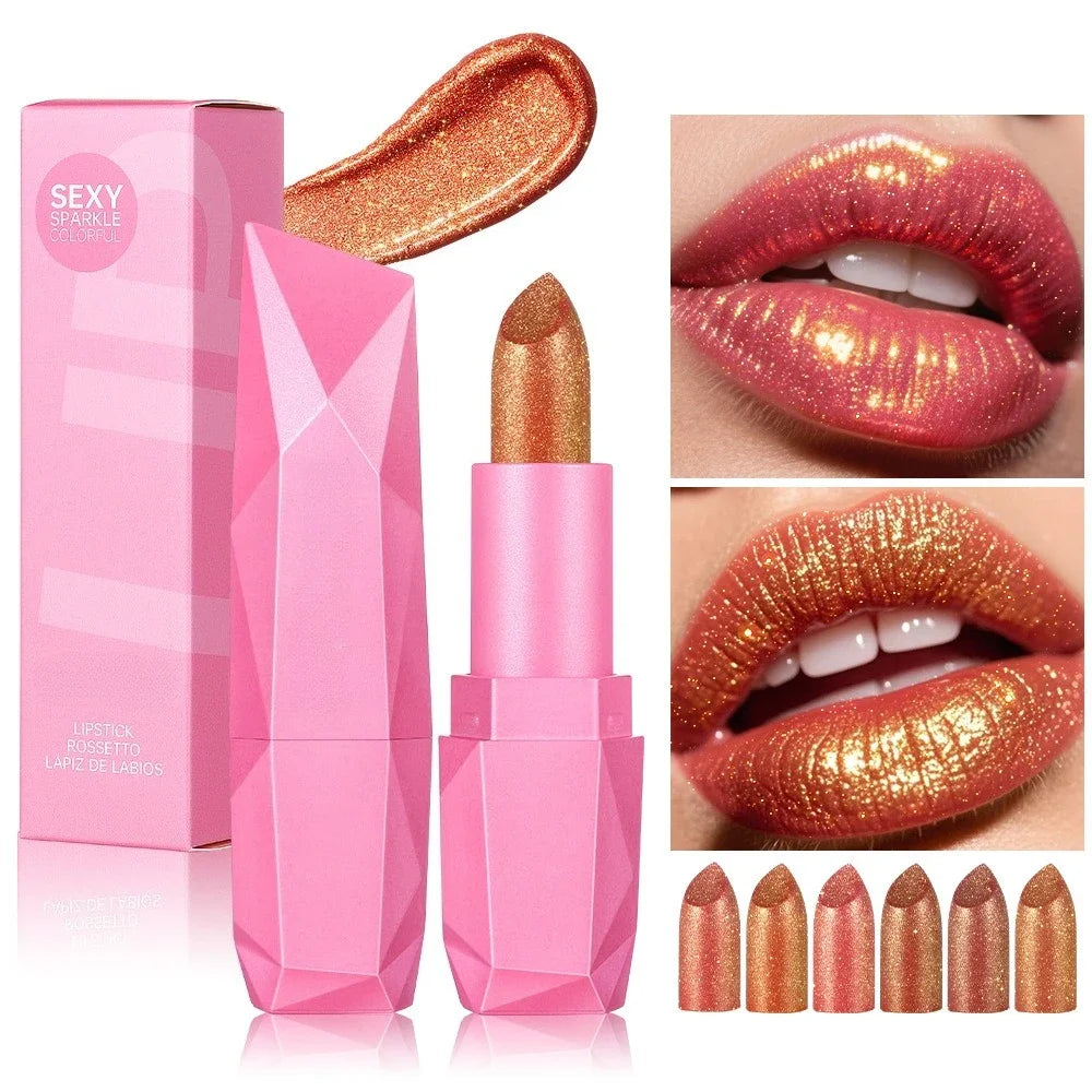 6 Colors Glitter Lipstick Hydrating Red Pink Sparkling Shine Lip Color Highly Pigmented Lip Tints Metallic Finish Lip...