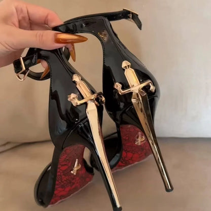 Red Sole Blade High Heels 2026 New One-Strap Open-Toe Cane Black High Heel Sandals Women Summer Sexy Style Synthetic...