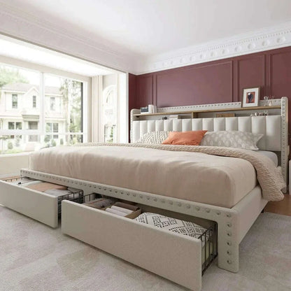 King Size Bed Frame with Storage and Headboard, Upholstered Kings Beds Frames with Storage, King Bed Frame with 2 Drawers