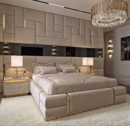 Italian Latest Luxury Bedroom Furniture Set High End Home Leather Double Bed Big Tall Headboard Modern King Size Bed - Kimlud