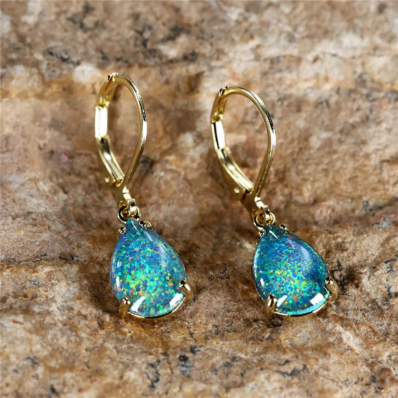 Female White Blue Fire Opal Stone Classic Gold Color Water Drop Earrings Cute Dangle Boho Jewelry For Women