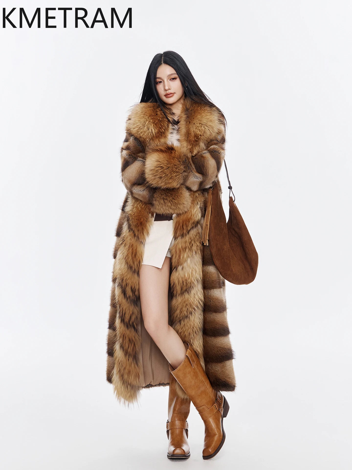 KMETRAM Natural Muskrat Fur Coat Woman Luxury Long Real Fur Jacket Raccoon Dog Fur Collar Winter Coats Women Clothing 2025 шуба