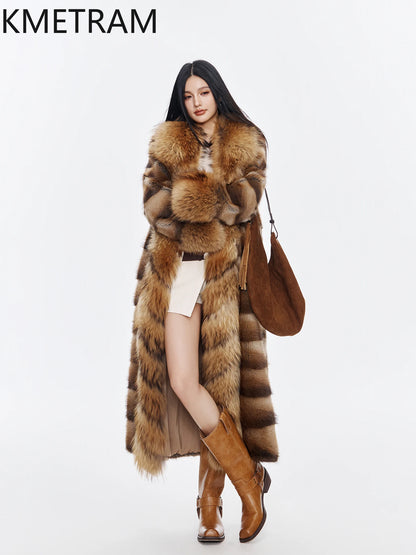 KMETRAM Natural Muskrat Fur Coat Woman Luxury Long Real Fur Jacket Raccoon Dog Fur Collar Winter Coats Women Clothing 2025 шуба