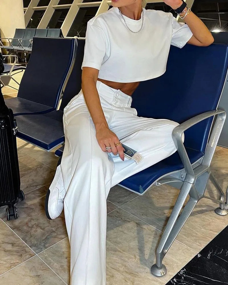 Summer New Temperament Commuter Solid Color Short-Sleeved Suit Pants Fashion Casual Suit Women's Two Pieces Set New In Matching