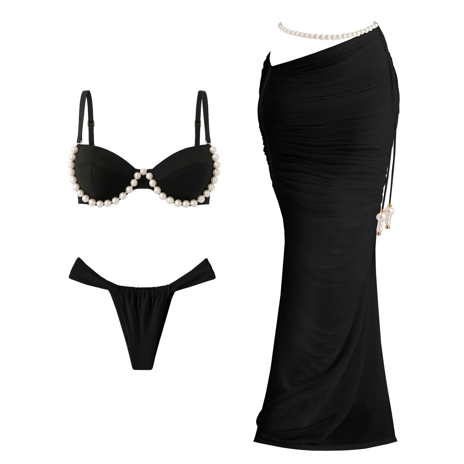 Pearl 3Pcs Bikini Set 2025 Bandeau Biquini Women Sexy Swimsuit Push Up Swimwear Female Mesh Skirt White Bathing Suit Beachwear - Kimlud