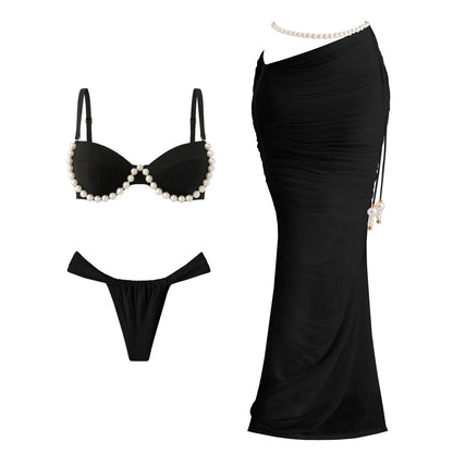 Pearl 3Pcs Bikini Set 2025 Bandeau Biquini Women Sexy Swimsuit Push Up Swimwear Female Mesh Skirt White Bathing Suit Beachwear - Kimlud