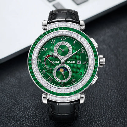 Reef Tiger Luxury Men's Automatic Mechanical Watch Green Dial Moon Phase Date Genuine Leather Strap Waterproof Dress...