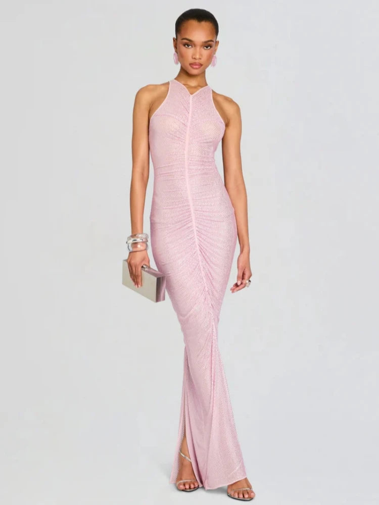Sexy Sleeveless O Neck Diamonds Mermaid Long Dress Women Pink Fold Ruched Slim Runway Celebrity Evening Party Club Maxi...