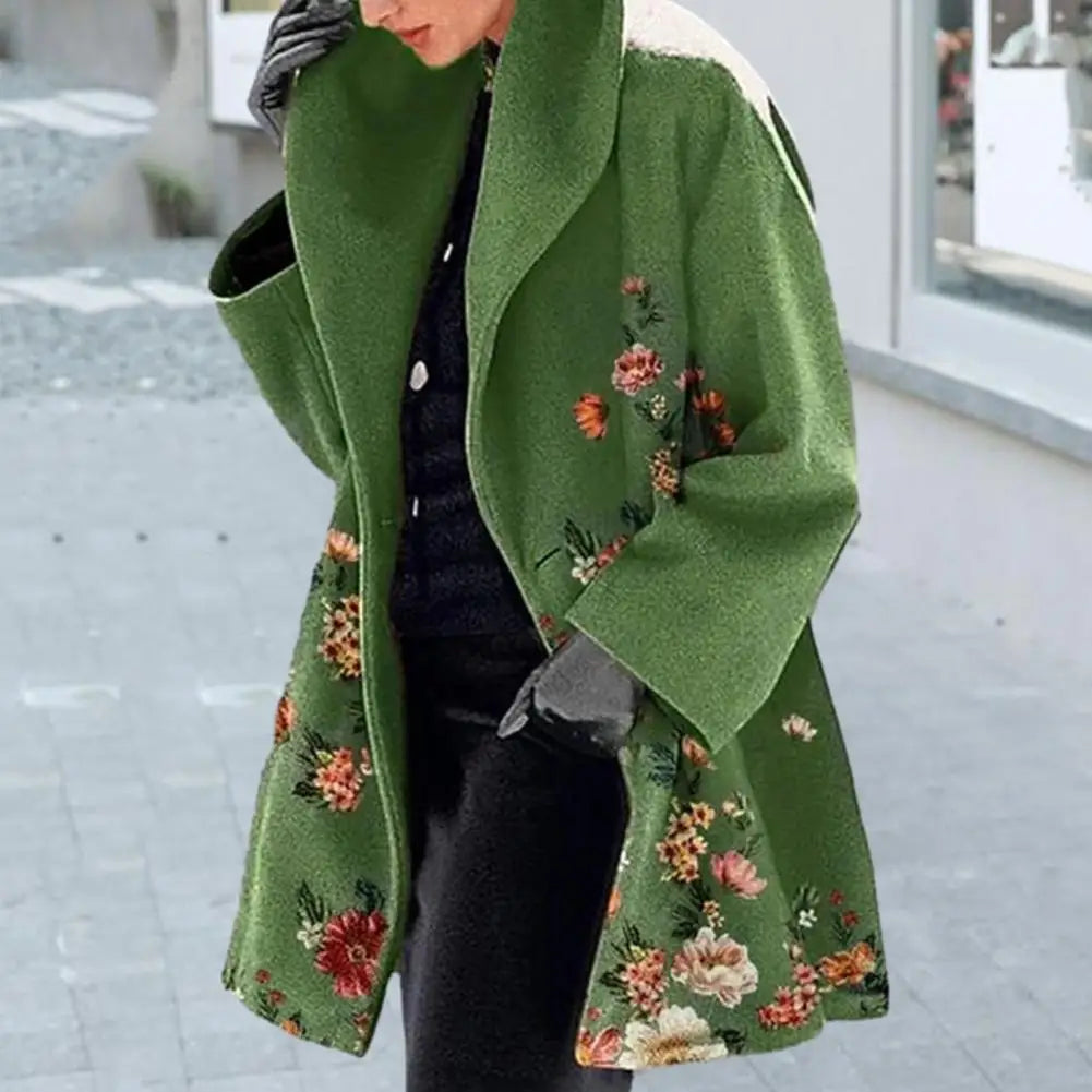 Spring Jacket Elegant Flower Print Women's Fall Winter Overcoat with Turn-down Collar Plus Size Mid Length Loose Thick Warm Long