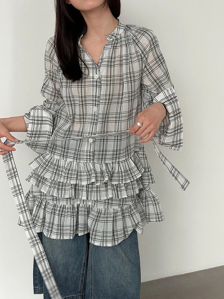 [EAM] Women Black Plaid Ruffles Big Size Elegant Blouse New V-neck Long Sleeve Shirt Fashion Tide Spring Autumn 2026...