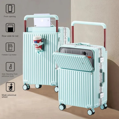 Aluminum Framed Front Open Suitcase Carry-on Bag Wide Handle Luggage Multifunctional 20/28-inch Impact Resistant Travel Bag