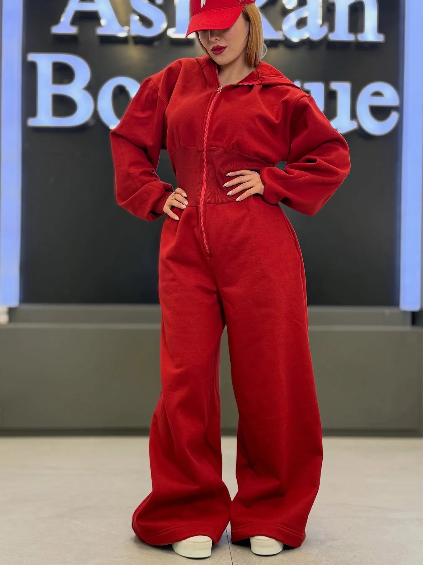 Women's Hooded Zipper Elastic Waist Jumpsuit Long Pants Sports Casual Solid Color Comfortable Casual Cross-Border Style