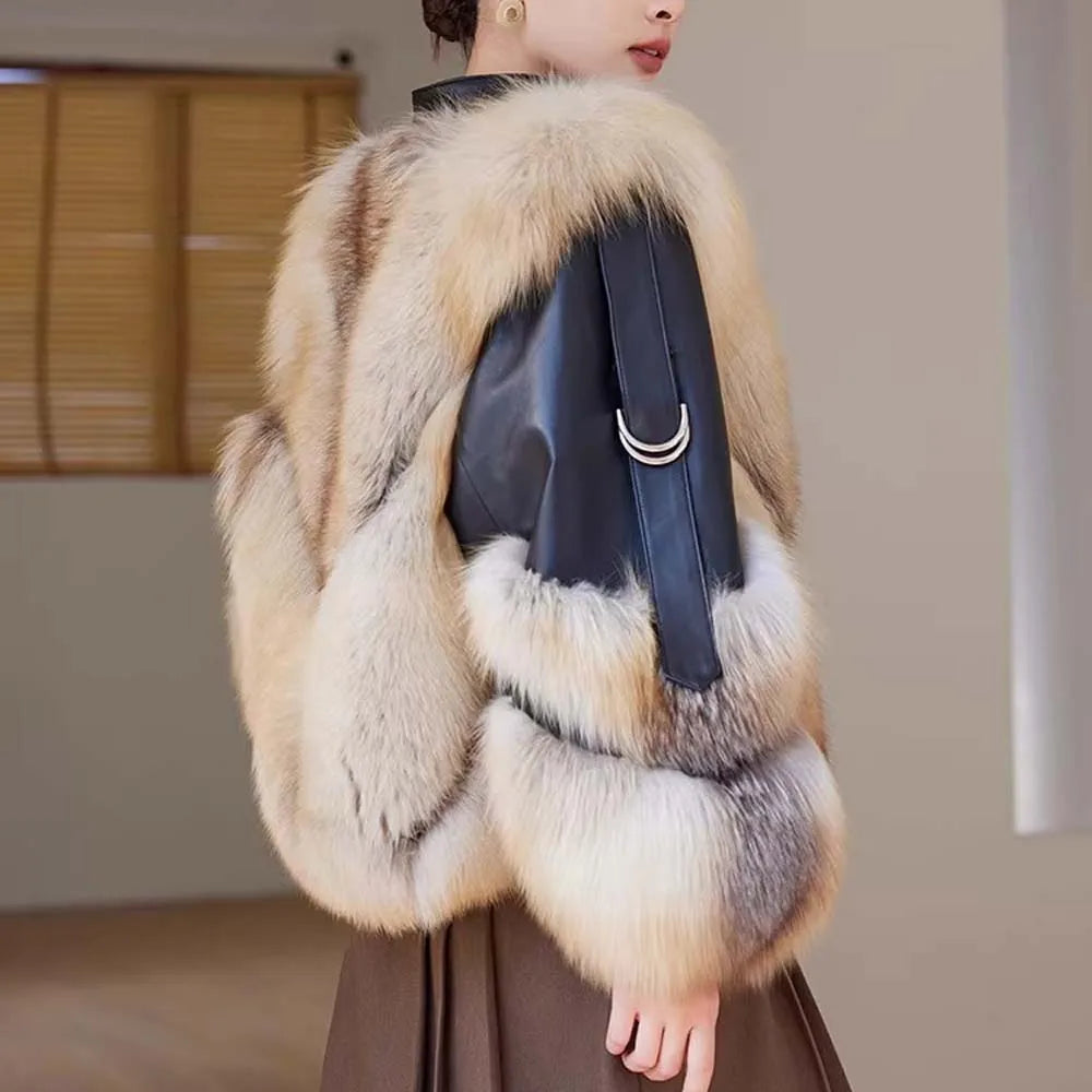 Autumn Winter New Real Fox Fur Jacket Women's Overcoat Fashion Loose Short Motorcycle Clothes Warm Parka Coat