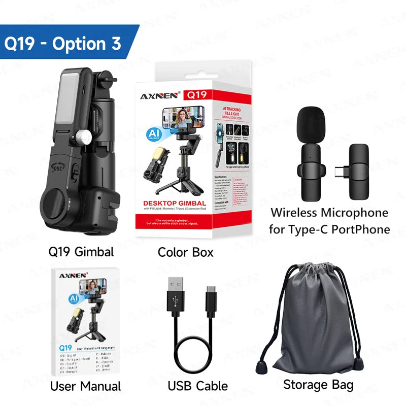 Gimbal Q19 AI Desktop 360° Auto Rotation Face Track Anti-Shake Selfie Stick Handheld Stabilizer with Fill Light for Smartphones